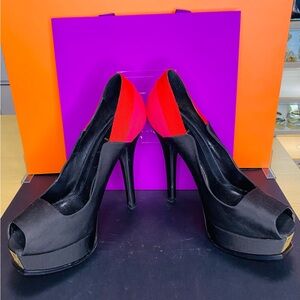 Fendi Tricolor Colorblock Canvas Fendista Peep Toe Platform Pumps Size 39.5